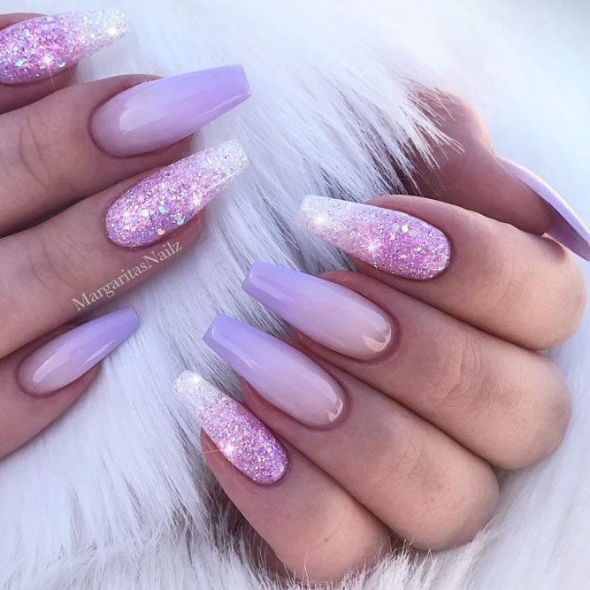 Chic Lavender Ombre Nail Design with Glossy and Glittery Finishes