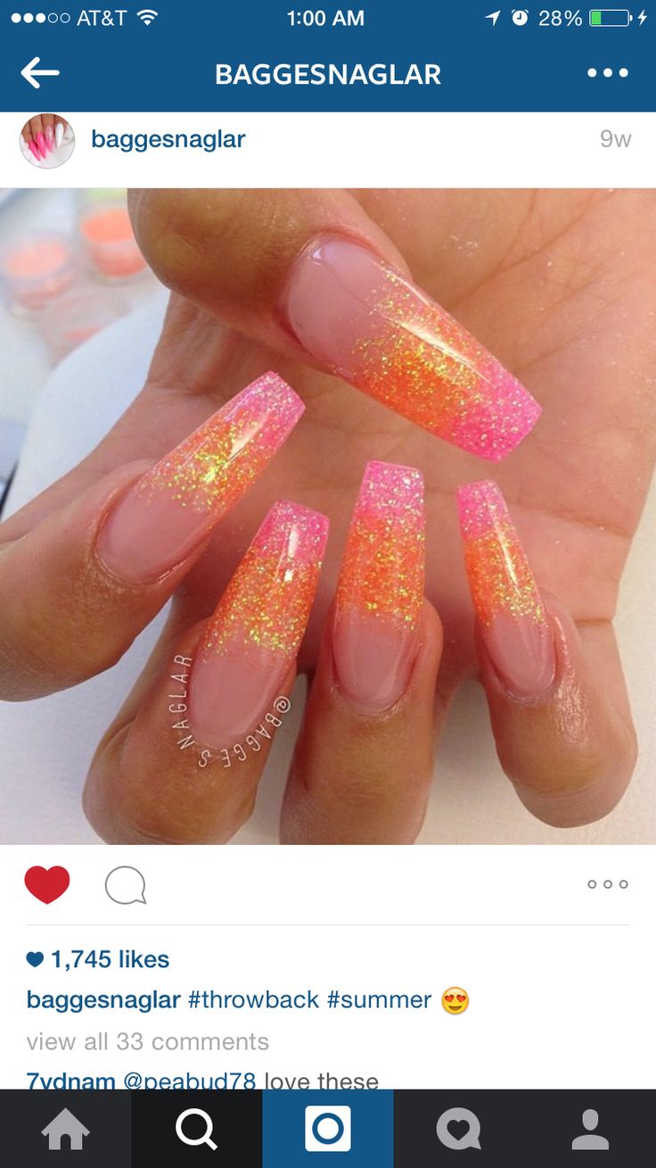 Radiant Pink and Gold Glitter Ombre Nails for a Glamorous Summer Look.