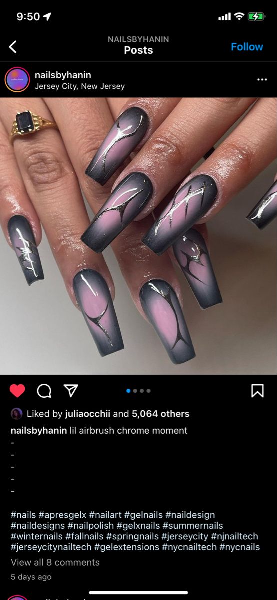 Gradient Elegance: Chic Long Nails with Black, Pink, and Chrome Accents.