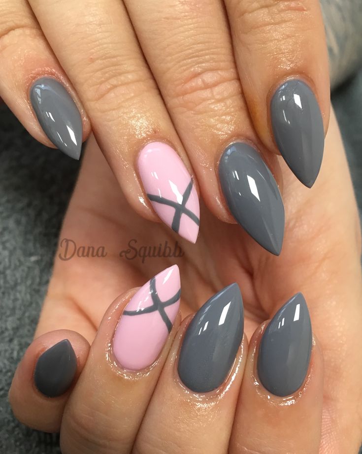 Chic Nail Design: Muted Grey and Soft Pink with Geometric Accents.