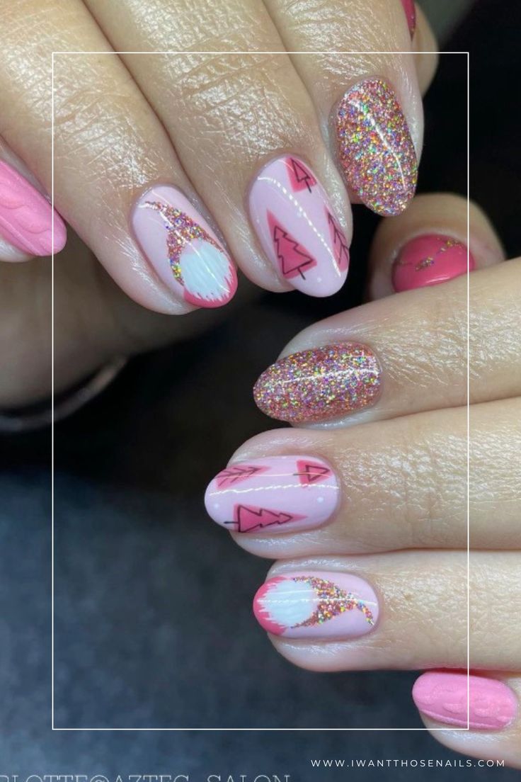 Whimsical Holiday Nail Art: Vibrant Patterns and Sparkling Accents for a Festive Look.