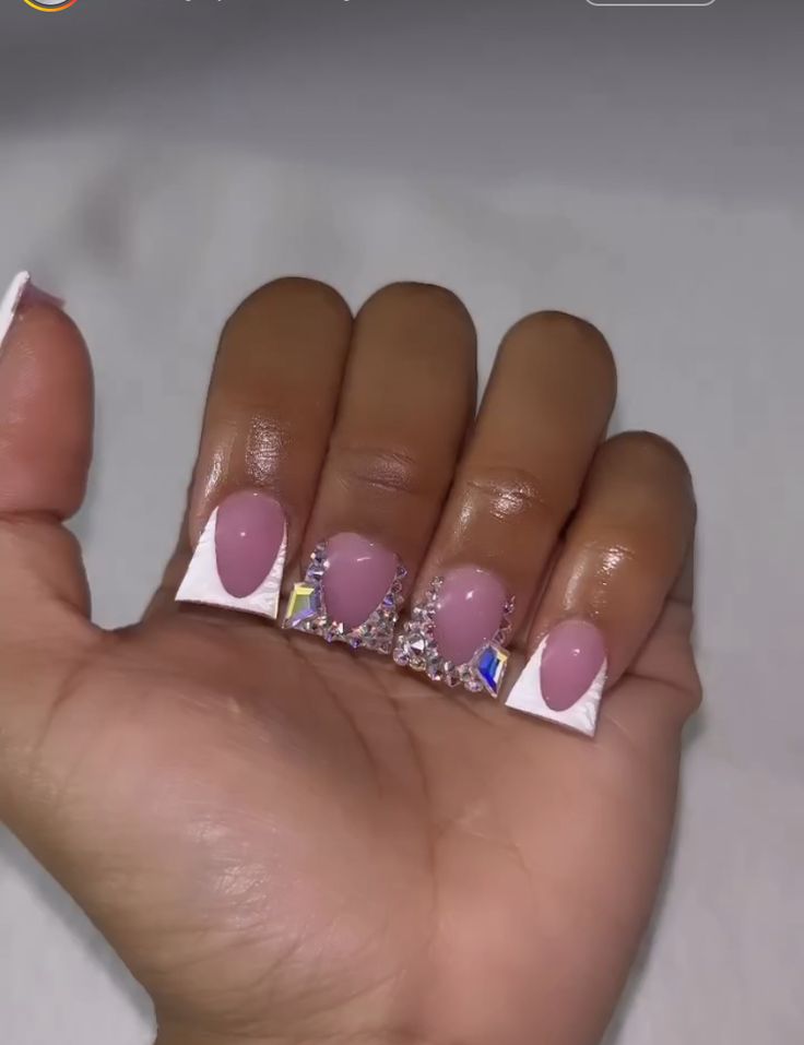 Chic Soft Pink Base with White Tips and Rhinestones for Elegant Nail Design