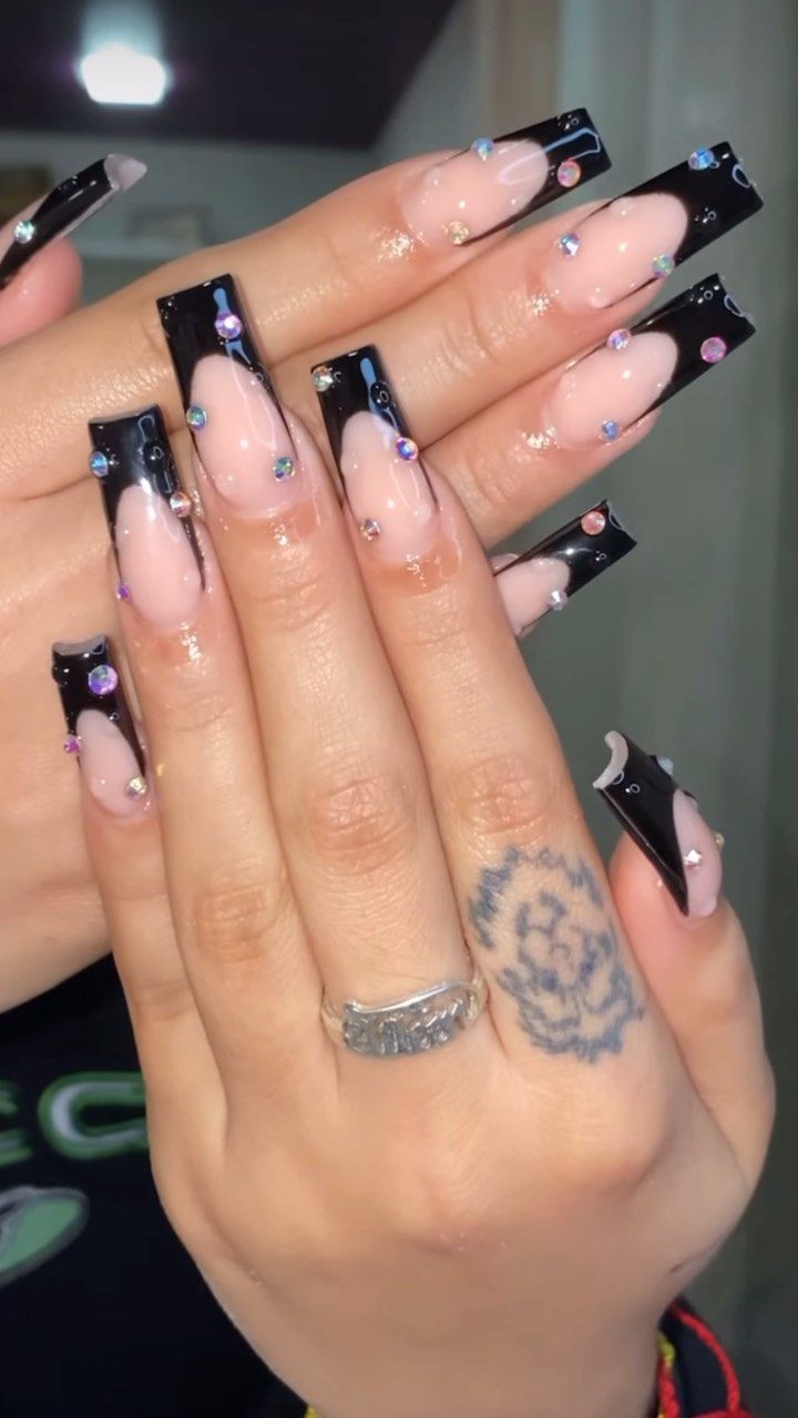 Chic Black French Manicure with Long Acrylic Tips and Glamorous Pink Accents