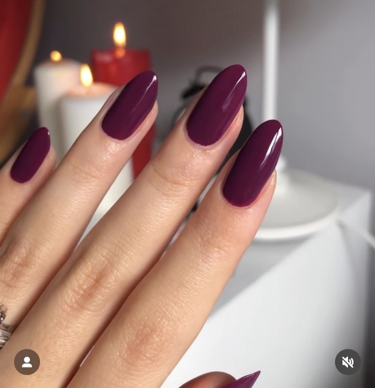 Sophisticated Elegant Deep Purple Almond-Shaped Nails with Glossy Finish.