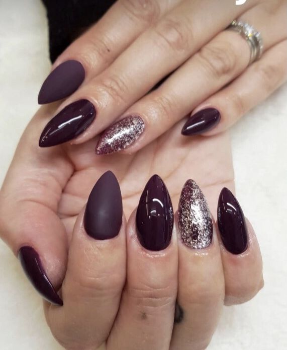 Striking Almond-Shaped Nails: Deep Burgundy and Sparkly Silver Glitter Glamour