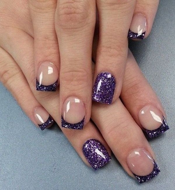 Chic Glittery Deep Purple French Tip Nail Design for Special Occasions.