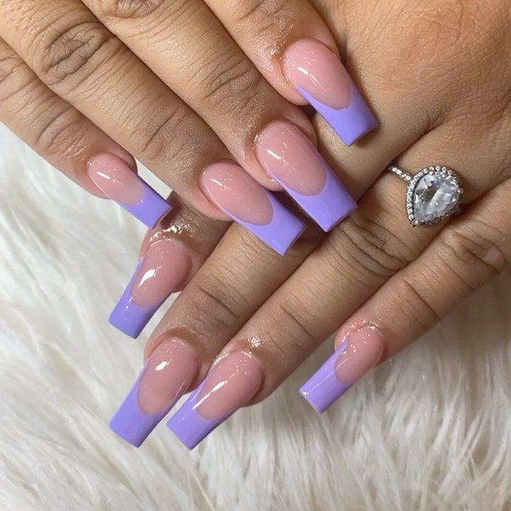 Chic Square Nail Design: Pastel Pink and Lavender French Twist