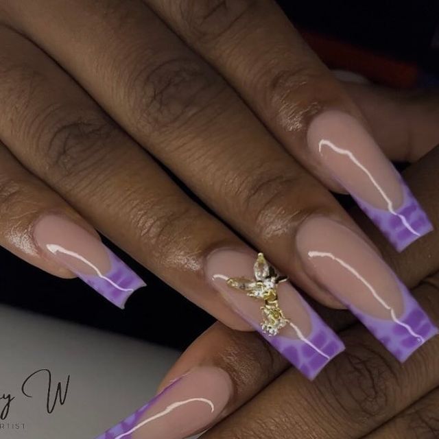 Sophisticated Nude Base Nails with Marbled Purple Tips and Gold Embellishments