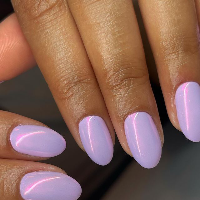 Elegant Almond-Shaped Lavender Nails with Iridescent Shimmer