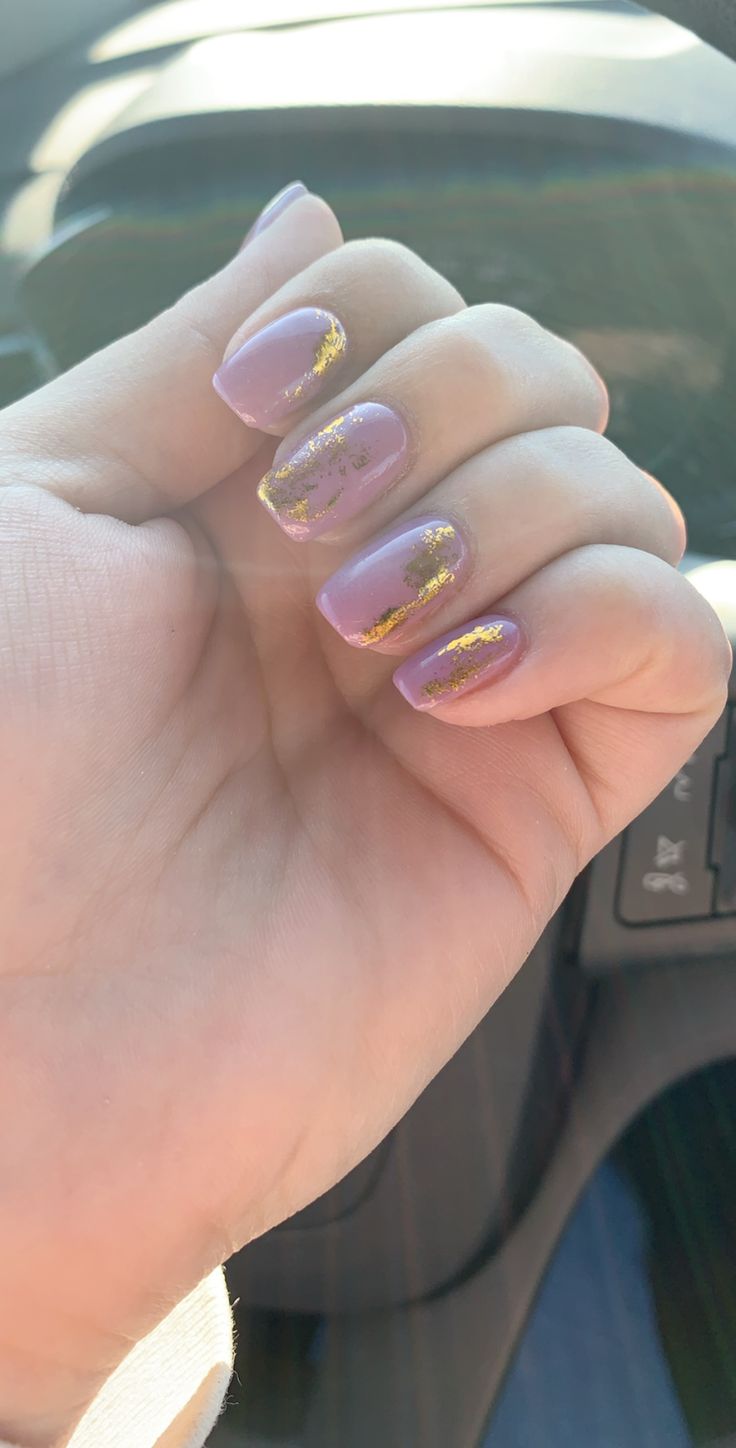 Chic Lavender Nail Design with Glossy Finish and Gold Foil Accents.