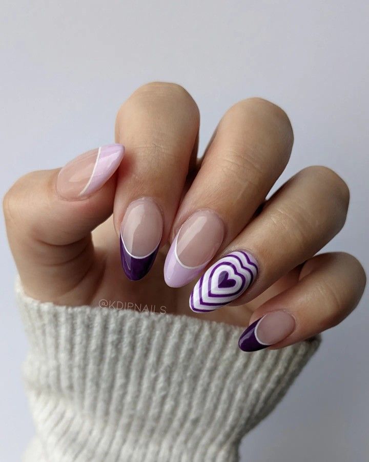 Elegant Pink and Purple Nail Design with Heart Pattern and Glossy Matte Finish.