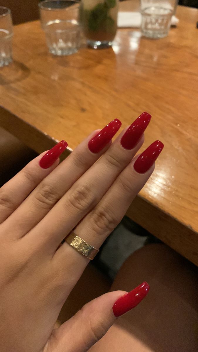 Sophisticated Elegance: Glossy Red Coffin Nails Perfect for Special Occasions