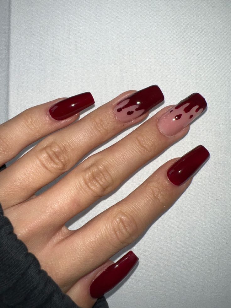 Chic Long Square Nails with Striking Deep Red and Nude Drip Design