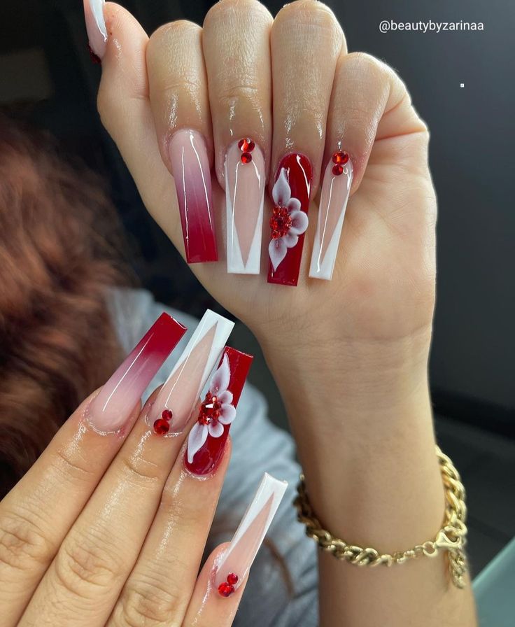 Sophisticated Long Square Nails: Deep Red and Crisp White Floral Design with Shimmering Gems