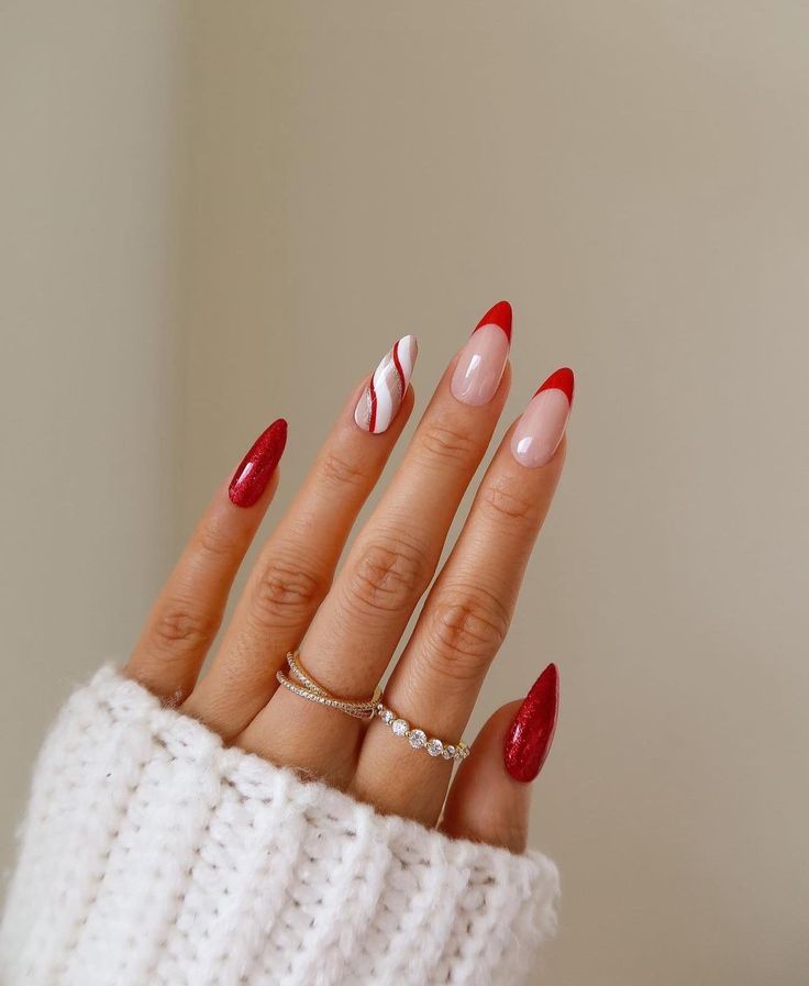 Red Nails With Candy Cane Ring Finger