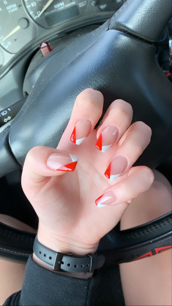 Bold Red and White Triangle French Manicure: A Stylish Twist on a Classic Design