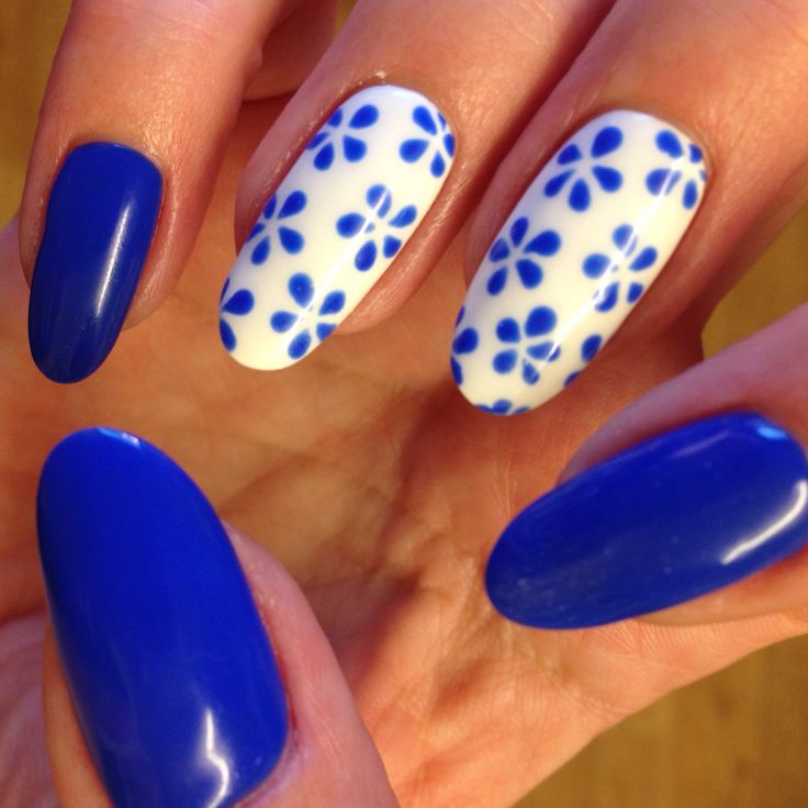 Royal Blue Nails With Flowers