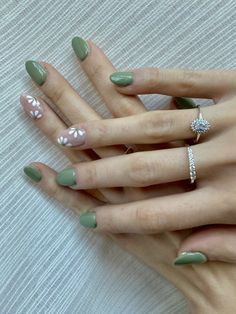 Chic Nail Design: Muted Green with Floral Pink Accents