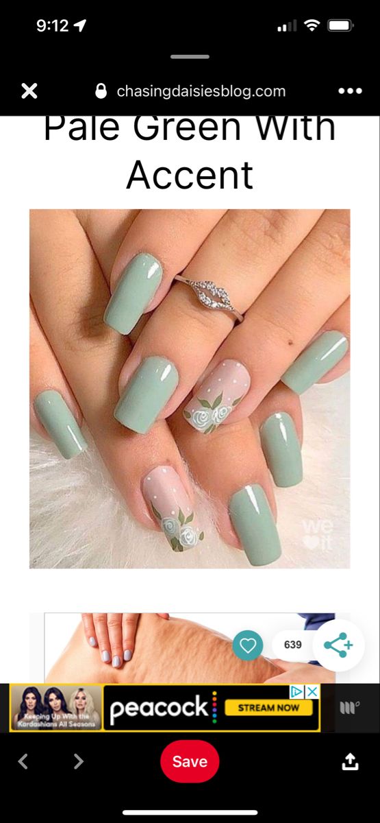 Elegant Pale Green Nail Design with Glossy/Matte Finish and Floral Accent Nail.