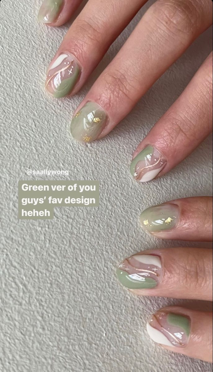 Chic Nail Design with Soft Greens, Creamy Whites, and Delicate Gold Accents