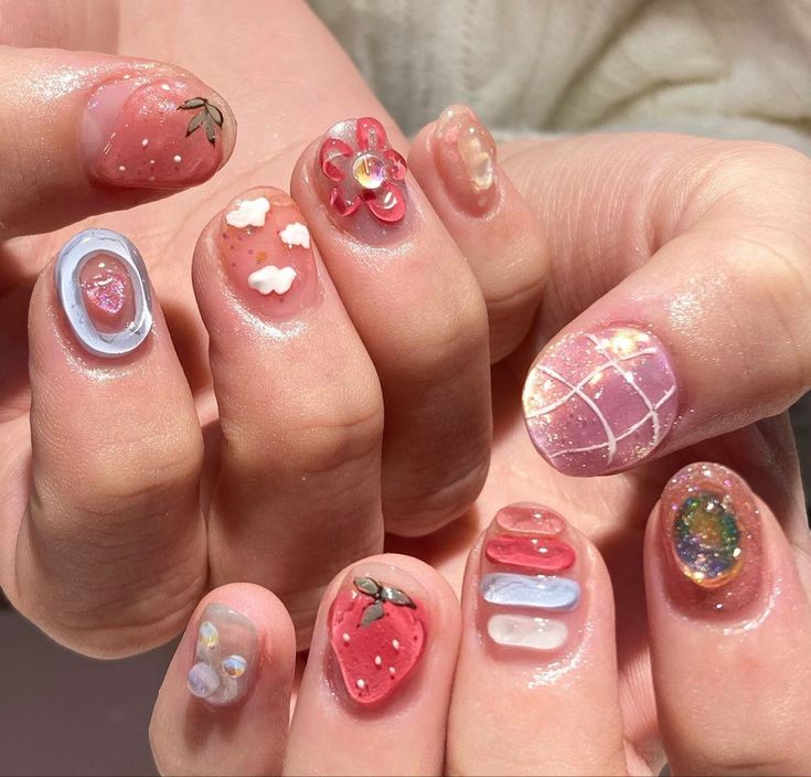 Vibrant Nail Designs: Playful Artistic Elements and Glossy Finishes.