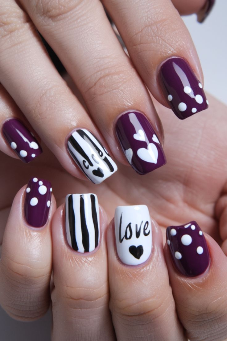 Playful Purple and Black-and-White Nail Design with Polka Dots, Hearts, and Stripes.