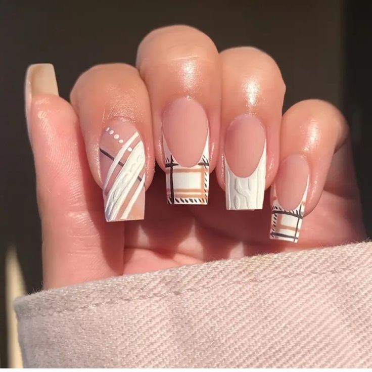 Chic Geometric Nail Design: Elegant White and Nude Blend with Modern Patterns