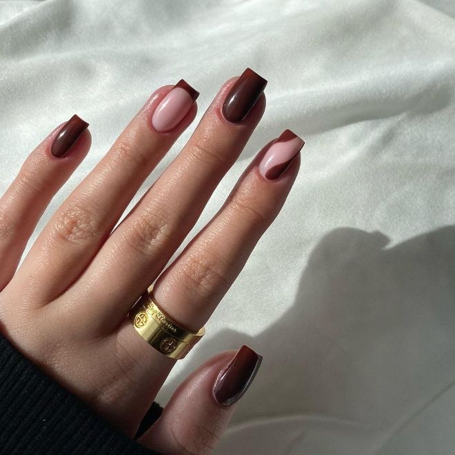 Chic Nail Design: Deep Brown and Soft Pink Color Block with Glossy and Matte Finishes.