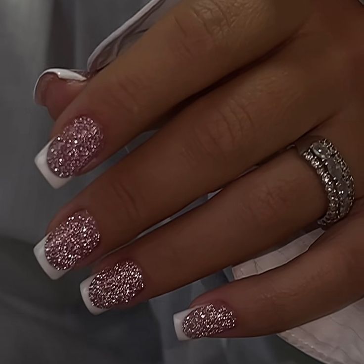 Chic Glamorous Nail Design: Sparkling Pink with Classic French Tips