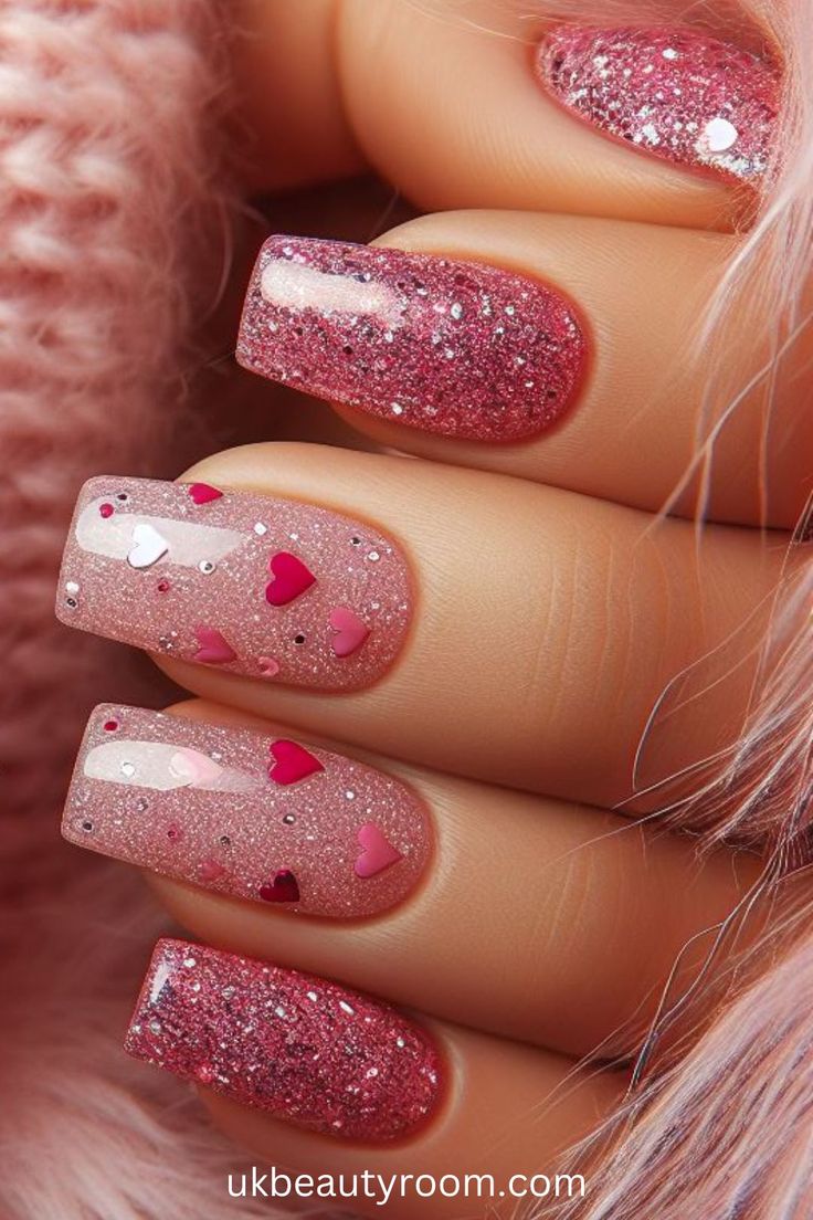 Sparkling Pink Heart Nail Art: Whimsical Charm for Any Occasion.