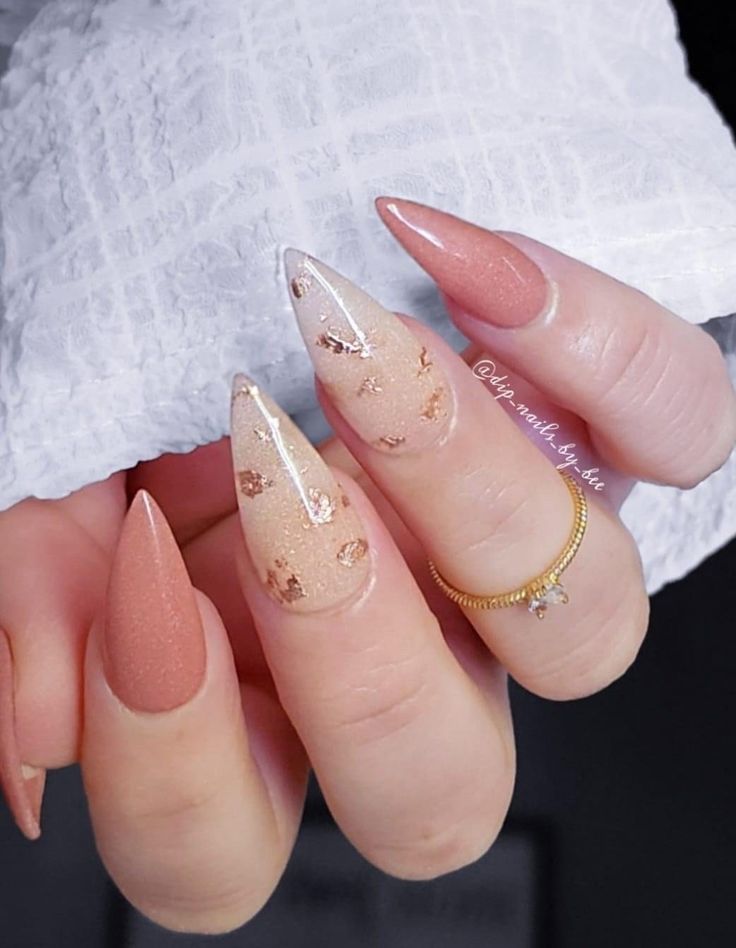 Chic Nail Design: Nude and Blush with Metallic Accents and Floral Patterns.