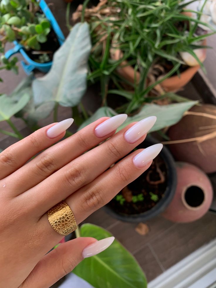 Sophisticated Almond-Shaped Ombre Nails: Delicate Pink to Glossy White Transition.