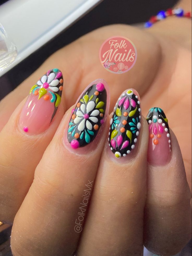 Bold Floral Nail Design: A Playful Contrast of Colors and Patterns