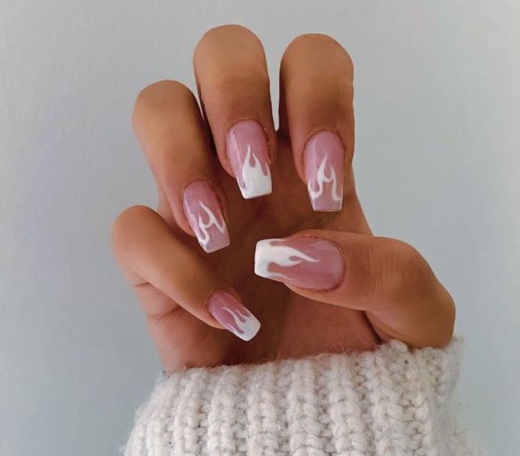 Elegant Soft Pink Flame Nail Design: Trendy and Eye-Catching Statement Look.