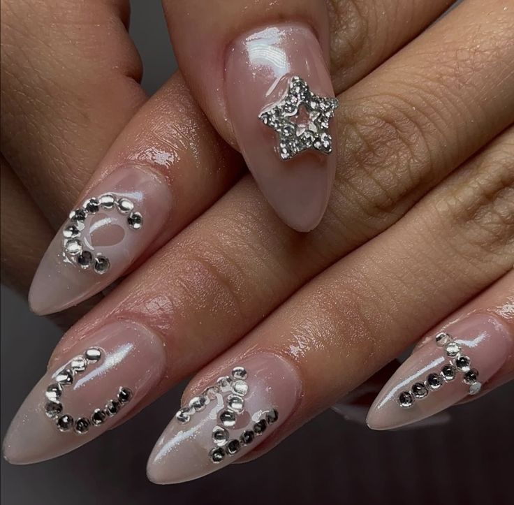 Glamorous Almond-Shaped Nails with Rhinestones for Sophisticated Occasions.