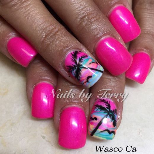 Playful Tropical Sunset Nail Design in Vibrant Pink for a Fun Summer Vibe.