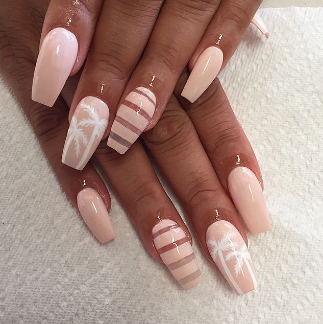 Chic Tropical Nail Design: Soft Pink and Beige with Palm Trees and Stripes