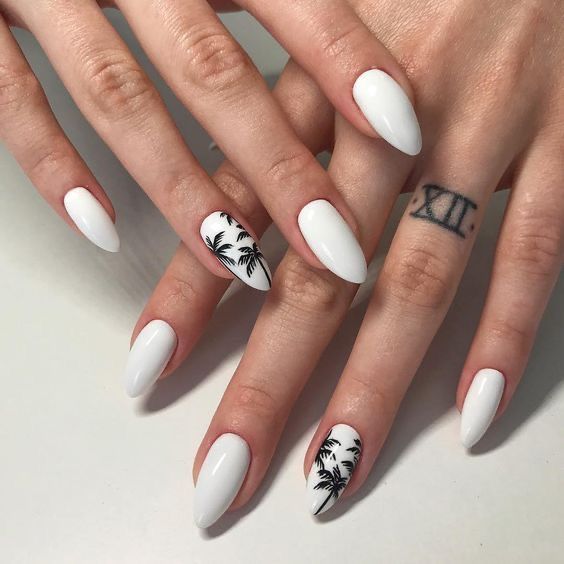 Tropical Elegance: Glossy White Almond Nails with Black Palm Tree Designs