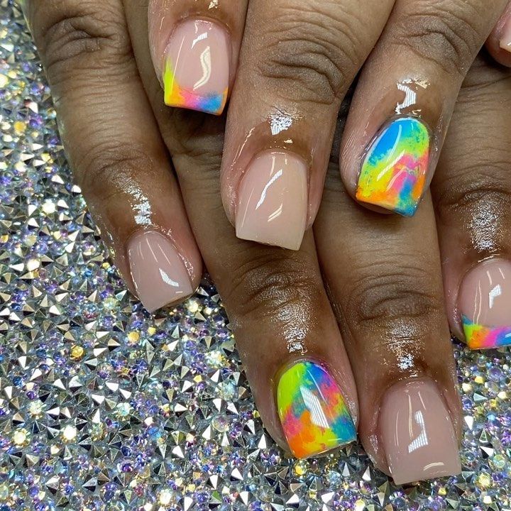 Playful Abstract Nail Design with Nude Base and Multicolored Tips