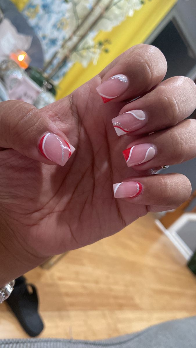 Sophisticated Twist on French Tip Nail Design with Pink, White, and Bold Red Accents