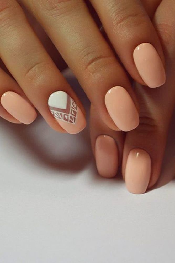 Chic Peach Nail Design with Modern Geometric White Accents.