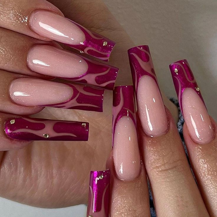 Trendy Long Square Nails with Glossy Pink and Magenta Marble Design and Elegant Embellishments