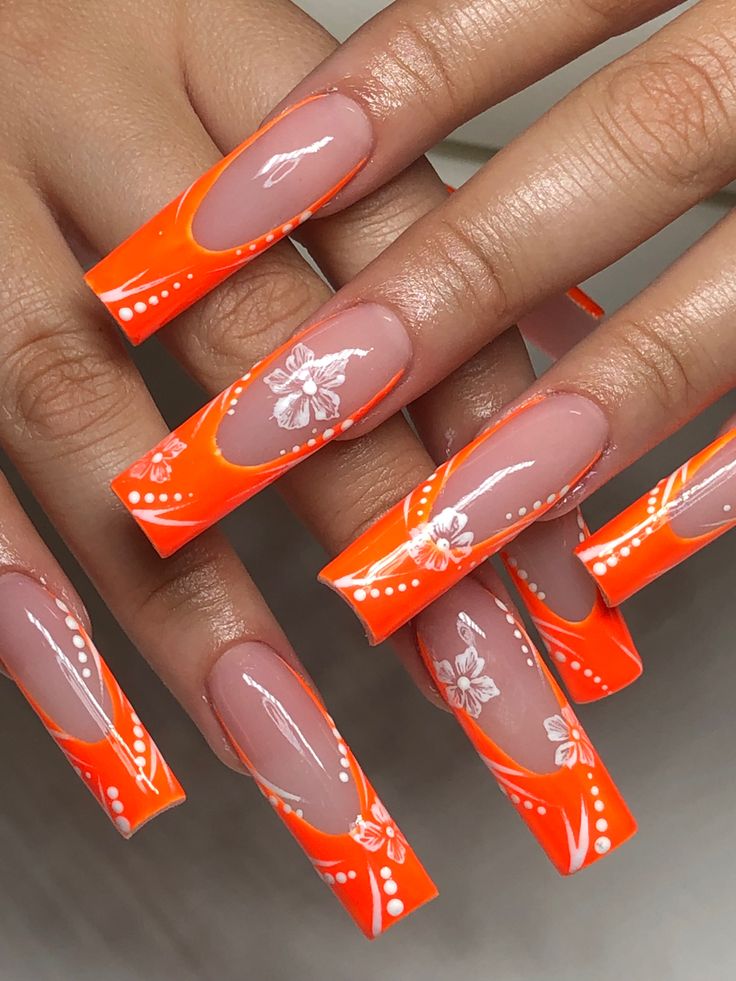 Vibrant Bold Orange Floral Nail Art with Elegant Square Tips.