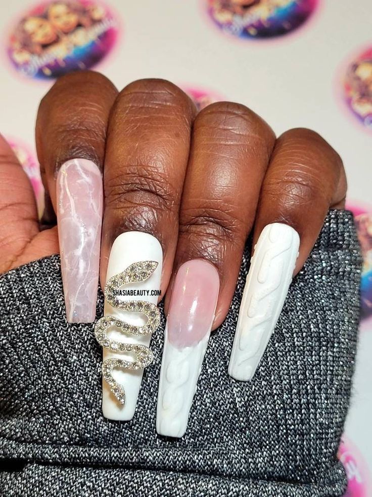 Chic Nail Art: Glossy White and Soft Pink with 3D Embellishments