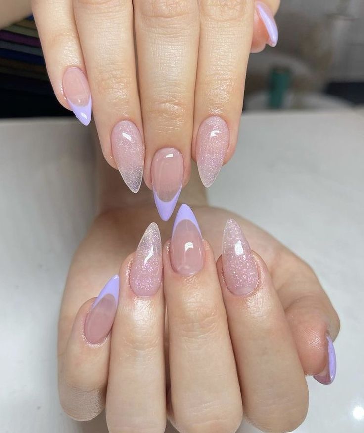 Elegant and Playful Nail Design with Light Pink and Glossy Lavender Tips