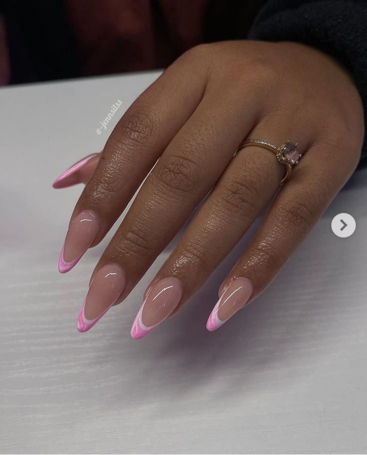 Elegant Trendy Nail Design: Elongated Gradient Tips from Nude to Bold Pink