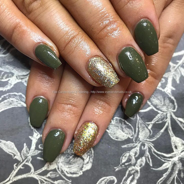 Elegant Olive Green Nail Design with Shimmering Gold Accent.