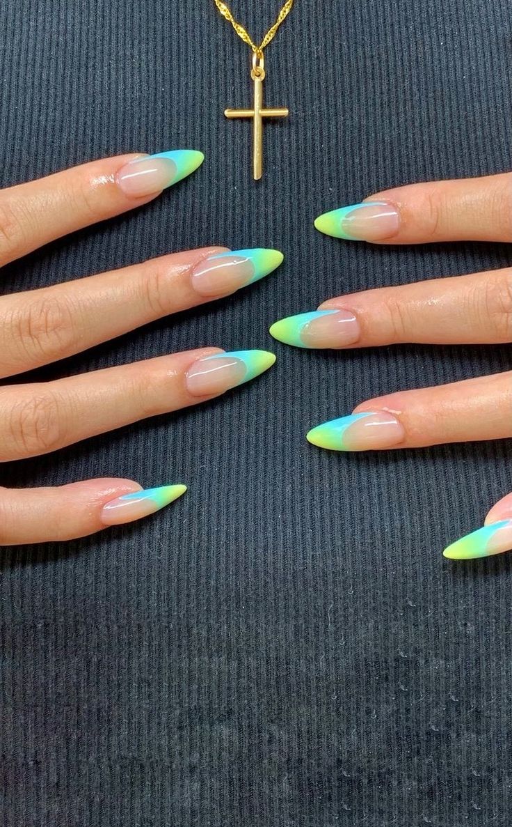 Elegant Gradient Nail Design with Vibrant Blue and Yellow Tips