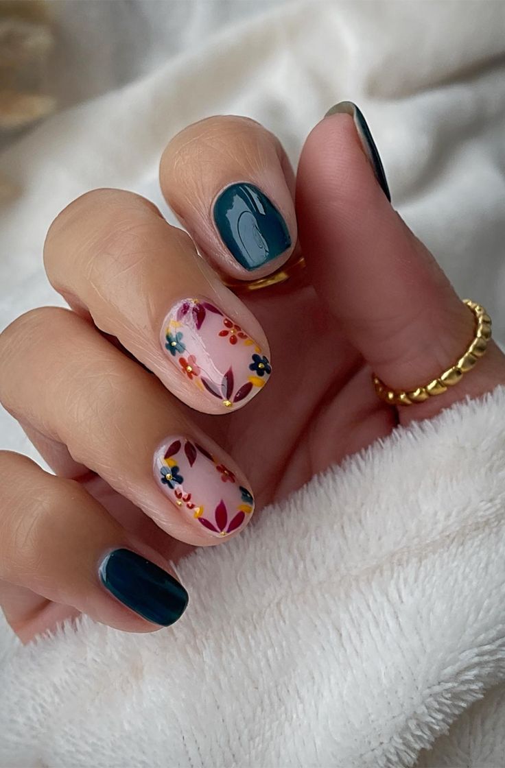 Floral and Solid Color Nail Design: A Fresh, Nature-Inspired Look