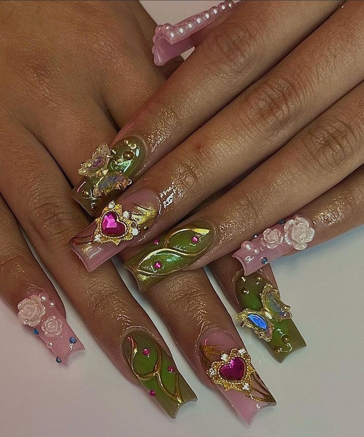 Whimsical Floral and Heart Nail Art with Glossy Finishes and Playful Colors.